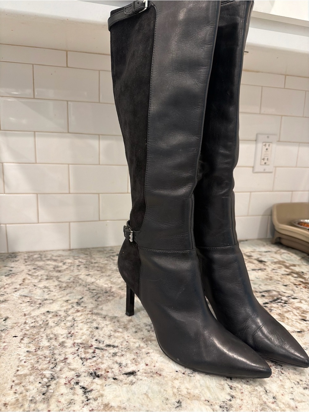 Ralph Lauren Black Leather and Suede Over-the-Knee Stiletto Boots - Picture 10 of 14